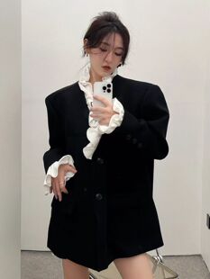 黑色木耳边西装外套女春季新款宽松中长款高级感女神范西服上衣潮