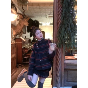 【店铺热销】法式复古撞色格子长袖毛呢外套女春秋新款高腰气质半