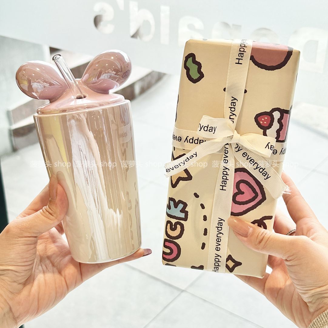 电镀渐变蝴蝶结陶瓷杯带盖大容量情侣马克杯家用可爱吸管杯子