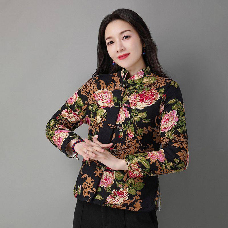 秋冬季民族风碎花唐装棉袄女款小个子短款拼接中年妈妈装棉衣外套
