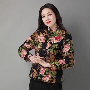 秋冬季民族风碎花唐装棉袄女款小个子短款拼接中年妈妈装棉衣外套