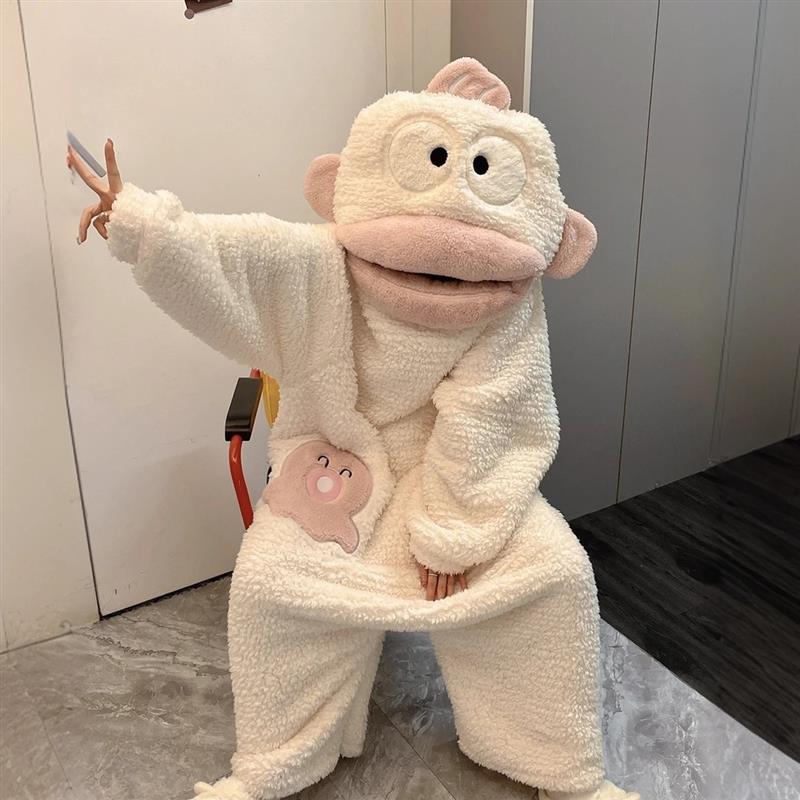 丑鱼睡衣搞怪连体家居服整蛊大头鱼珊瑚绒秋冬加厚加绒睡袍