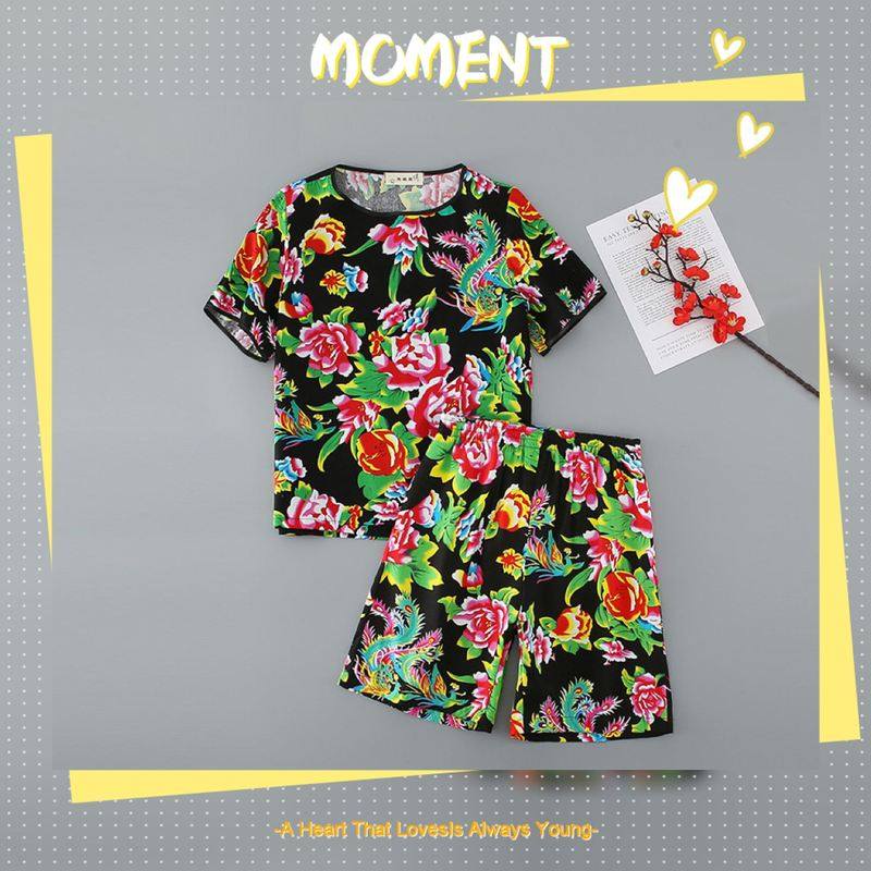 东北大花布衣服睡衣套装春秋纯棉男女夏款短袖短裤网红家居服情侣