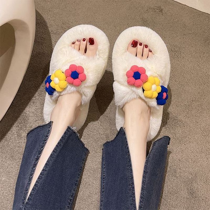2025新品厚底毛毛拖可爱女外穿时尚韩版鞋秋冬花朵家居创意棉拖鞋