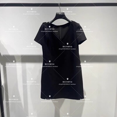 欧家专柜2025秋新V领蝴蝶结短袖连衣裙女A字裙1SY3085210-8A-999