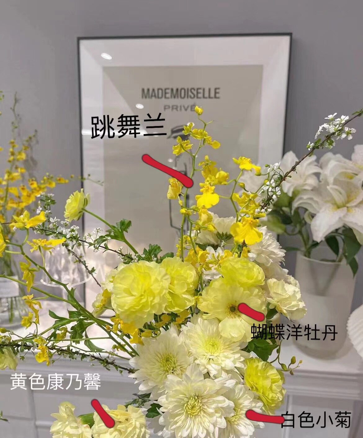 套装跳舞兰10支，蝴蝶洋牡丹5支，白色小菊10支，黄色康乃馨20支