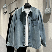 早春新款 潮流炸街外套个性 水洗做旧单侧口袋刺绣小标翻领牛仔外套