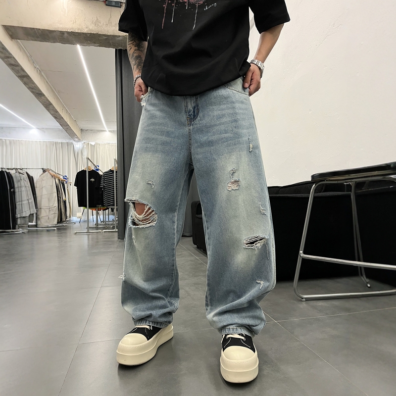 痞帅风男裤个性薄款破洞宽松直筒裤夏季新款潮牌无弹蓝色牛仔裤子