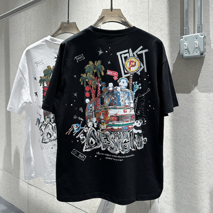 刺绣小标大面积涂鸦设计潮流T恤衫 男个性 街头风潮流短袖 早春新款