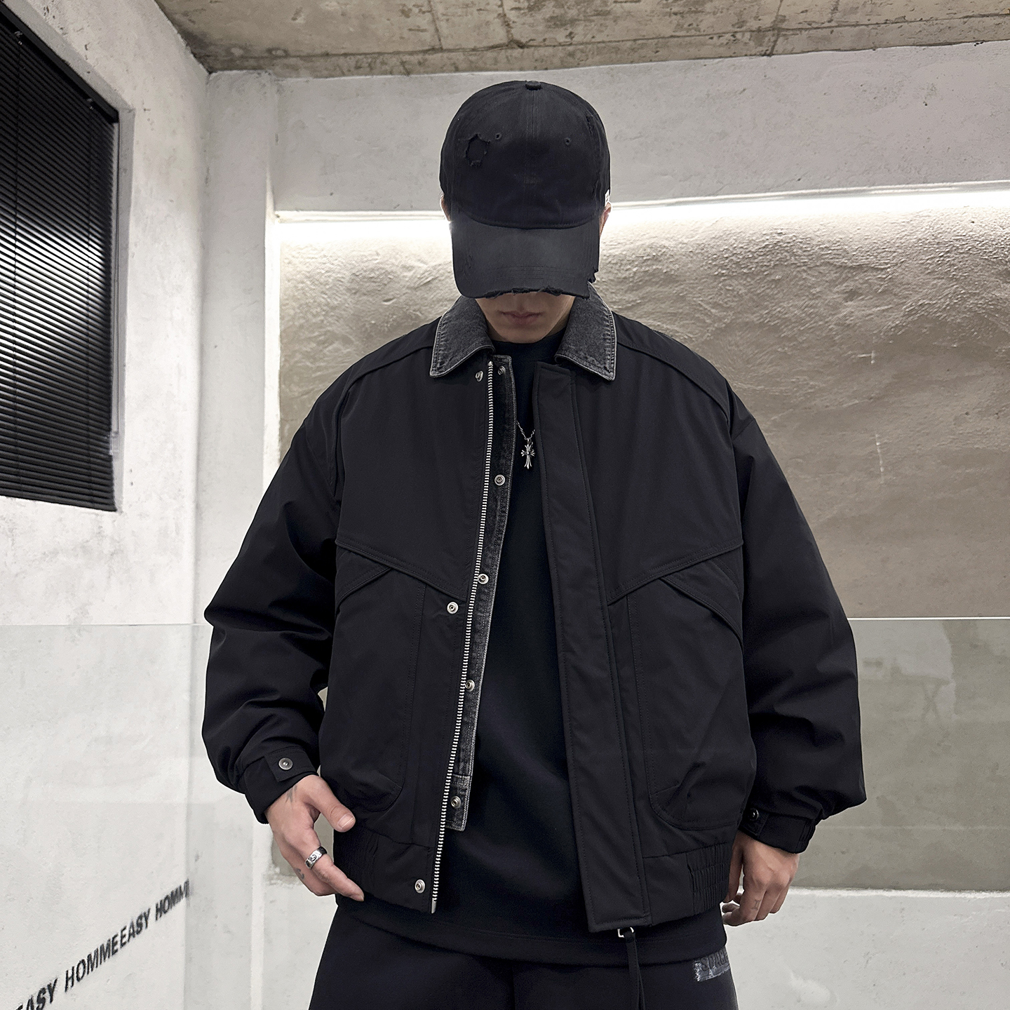 冬季百搭假两件外套男牛仔翻领金属拉链隐藏式口袋设计潮流羽绒服