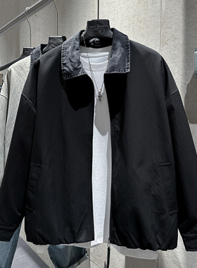 早春新款美式教练夹克衫男士个性牛仔布拼接翻领纯色潮流百搭外套