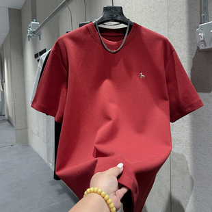 前后彩色小马刺绣图案宽松红色T恤衫 冬季 男个性 vintage风短袖 新款