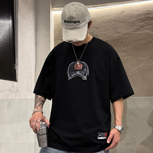饰上衣通勤百搭氛围感短袖 帽子贴布金属装 重磅潮流T恤男个性 美式