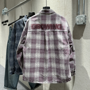 拼色字母印花翻领宽松版 男个性 型潮流格子外套 教练夹克衫 早春美式