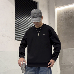 高街风廓形圆领卫衣男个性 刺绣小标加绒落肩宽松上衣通勤百搭长袖