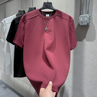 短袖 冬季 字母刺绣小标立体剪裁红色新年款 简约风t恤男个性 重磅款