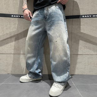 烫钻字母设计百搭长裤 早春新款 水洗渐变工艺时尚 男个性 阔腿牛仔裤