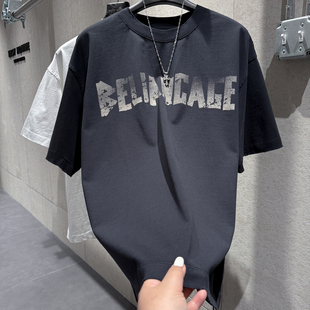 新款 型圆领T恤衫 重磅短袖 做旧字母印花磨破设计宽松版 男个性 春季