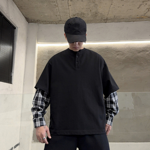 格子袖 冬季 t恤男个性 休闲风长袖 拼接纽扣衣襟宽松百搭上衣 重磅款