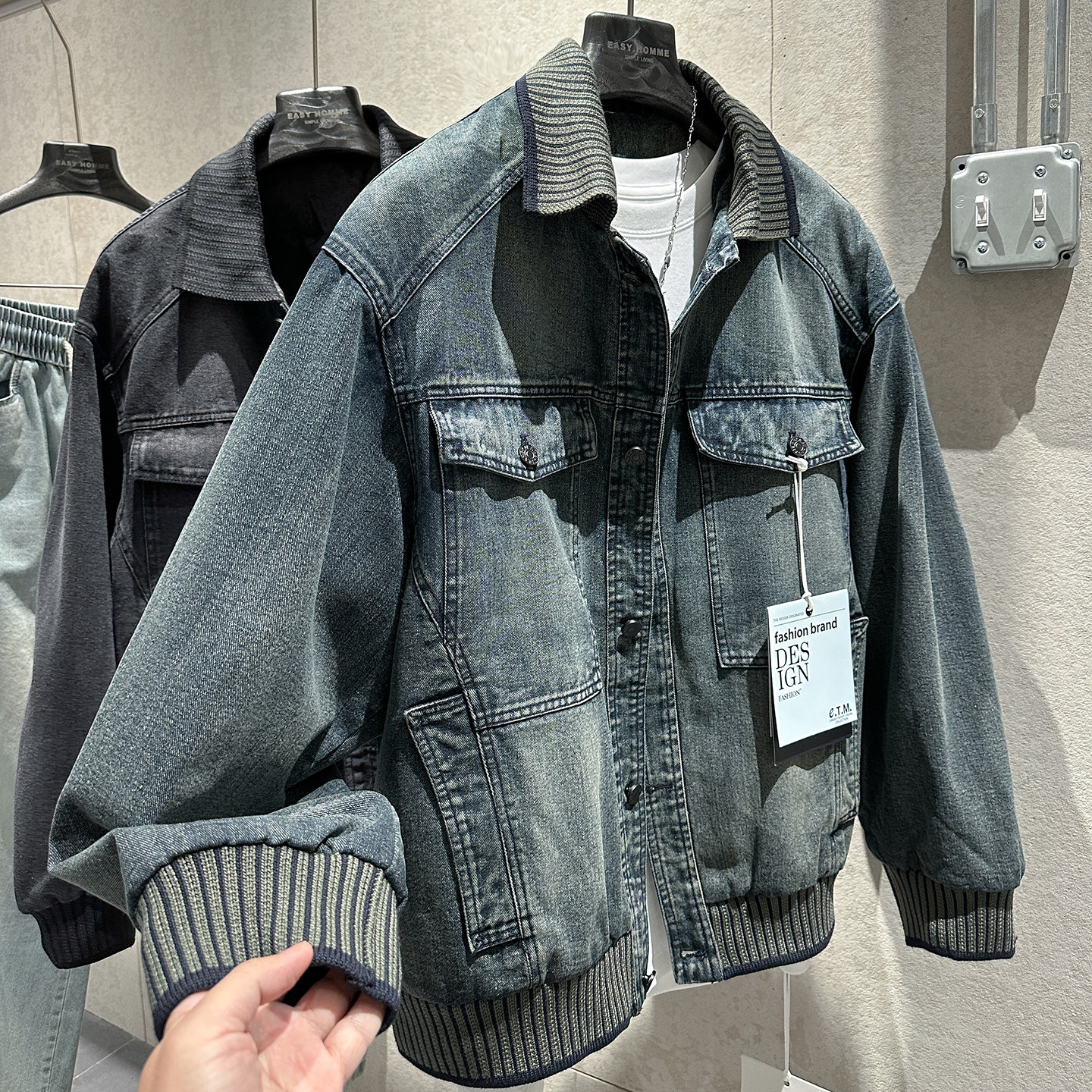 早春新款重磅外套男士立体剪裁工装风大口袋拼接翻领宽松牛仔夹克,男装,夹克,淘宝优惠券,粉丝福利购,淘宝优惠卷