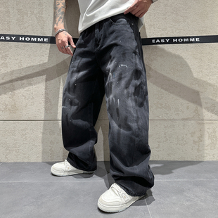 黑白漆点设计立体剪裁显瘦宽松直筒裤 男个性 痞帅风牛仔阔腿裤 春季