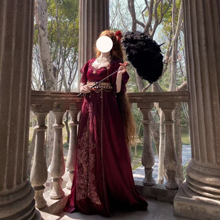 红色【艾洛蒂情诗】QUEENSWORDS油画帝政裙复古钉珠连衣裙