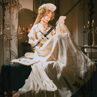 现货【艾洛蒂情诗】QUEENSWORDS油画帝政裙复古钉珠连衣裙