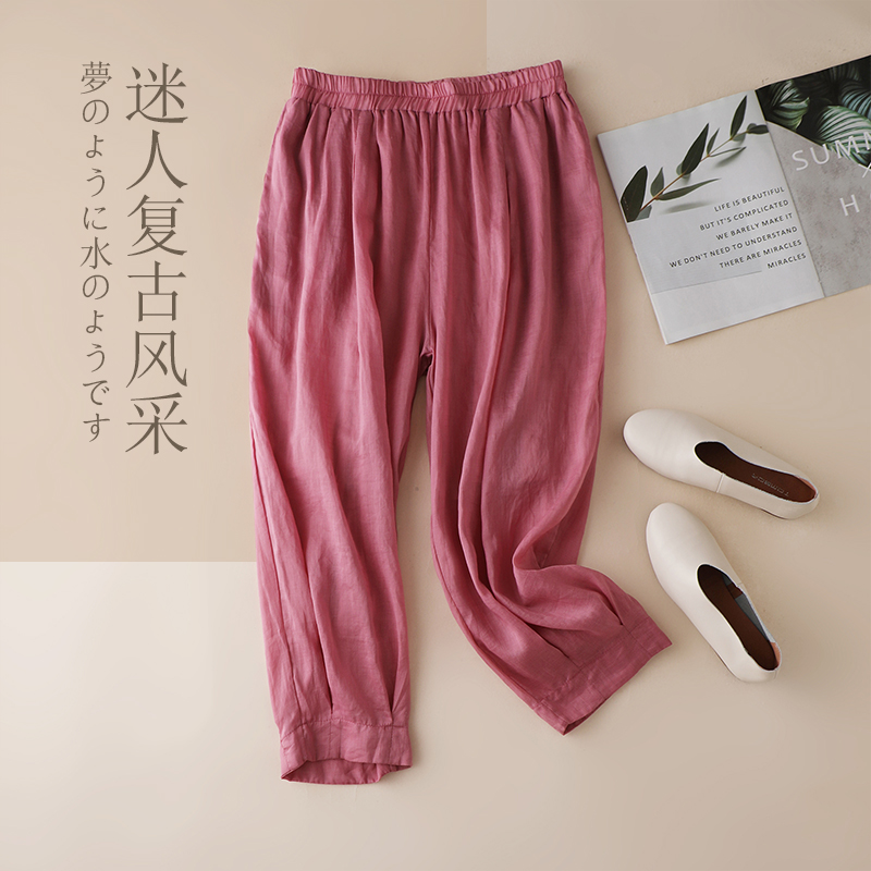 3复古苎麻九分裤夏季薄款女松紧休闲裤2021新款宽松纯色棉麻萝卜裤