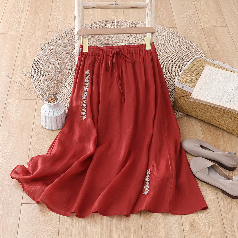 民族风刺绣轻奢高腰A字裙中长款半身裙女小个子苎麻红色惊艳伞裙