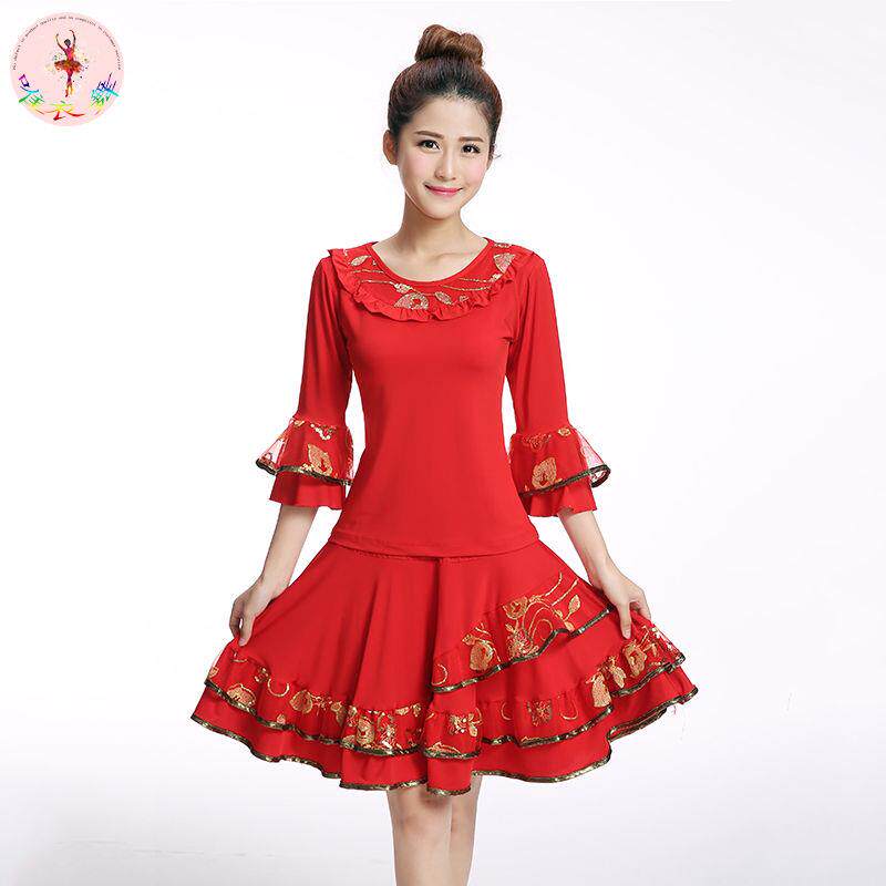 网纱亮片群套喇叭中袖夏季广场舞服装套装舞蹈服演出服广场舞套装