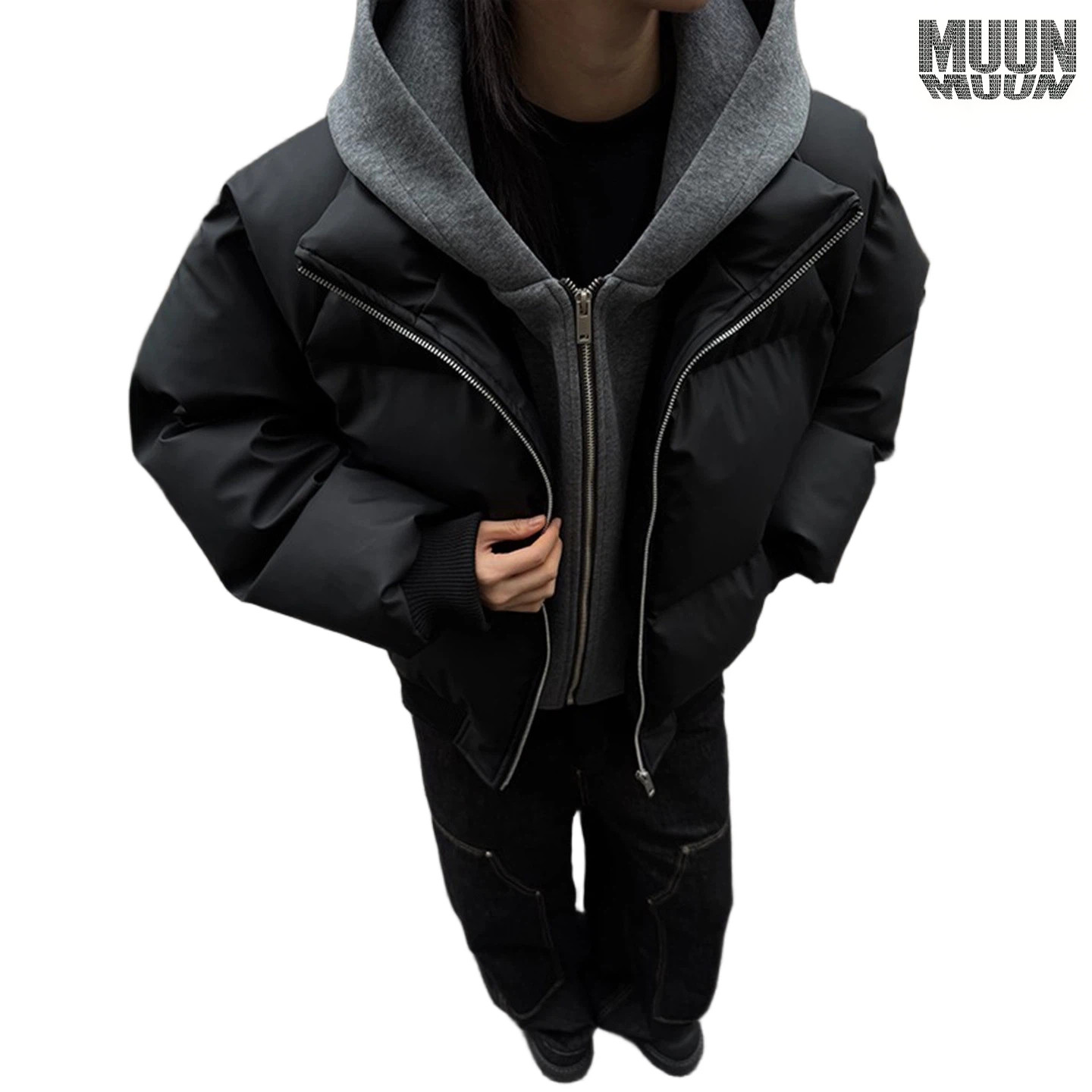 MUUN假两件PU皮棉服男款冬季cleanfit感短款夹克棉衣加厚外套男女