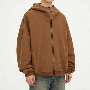 MUUN韩系简约复古连帽开衫卫衣男款春季重磅硬挺上衣宽松外套