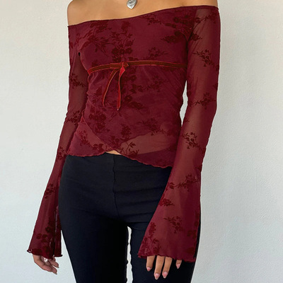 One shoulder mesh long sleeved top 一字肩网纱长袖上衣