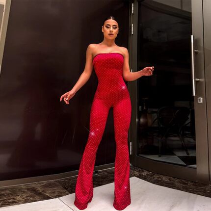 Strapless waist cinching wide leg jumpsuit抹胸收腰阔腿连体裤