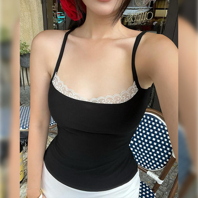 Sexy lace trimmed slim fitting tank top 蕾丝边修身紧身背心女