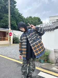 人间EK 美式街头高街复古vibe撞色字母国潮格子加厚外套夹克棉服