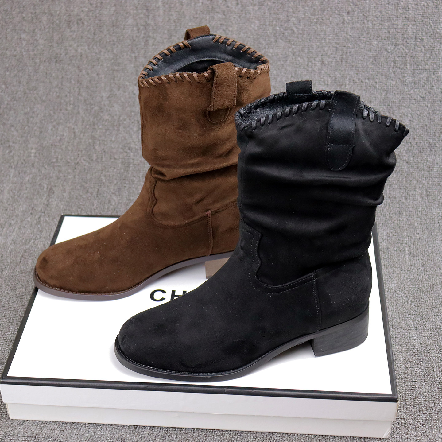 红依利女靴2025冬季新款加绒保暖复古舒适棉靴美拉德风中筒堆堆靴,女鞋,时装靴,淘宝优惠券,粉丝福利购,淘宝优惠卷