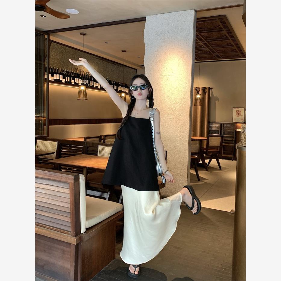 时尚套装黑色缎面吊带背心上衣女夏季气质半身裙长裙高级感两件套
