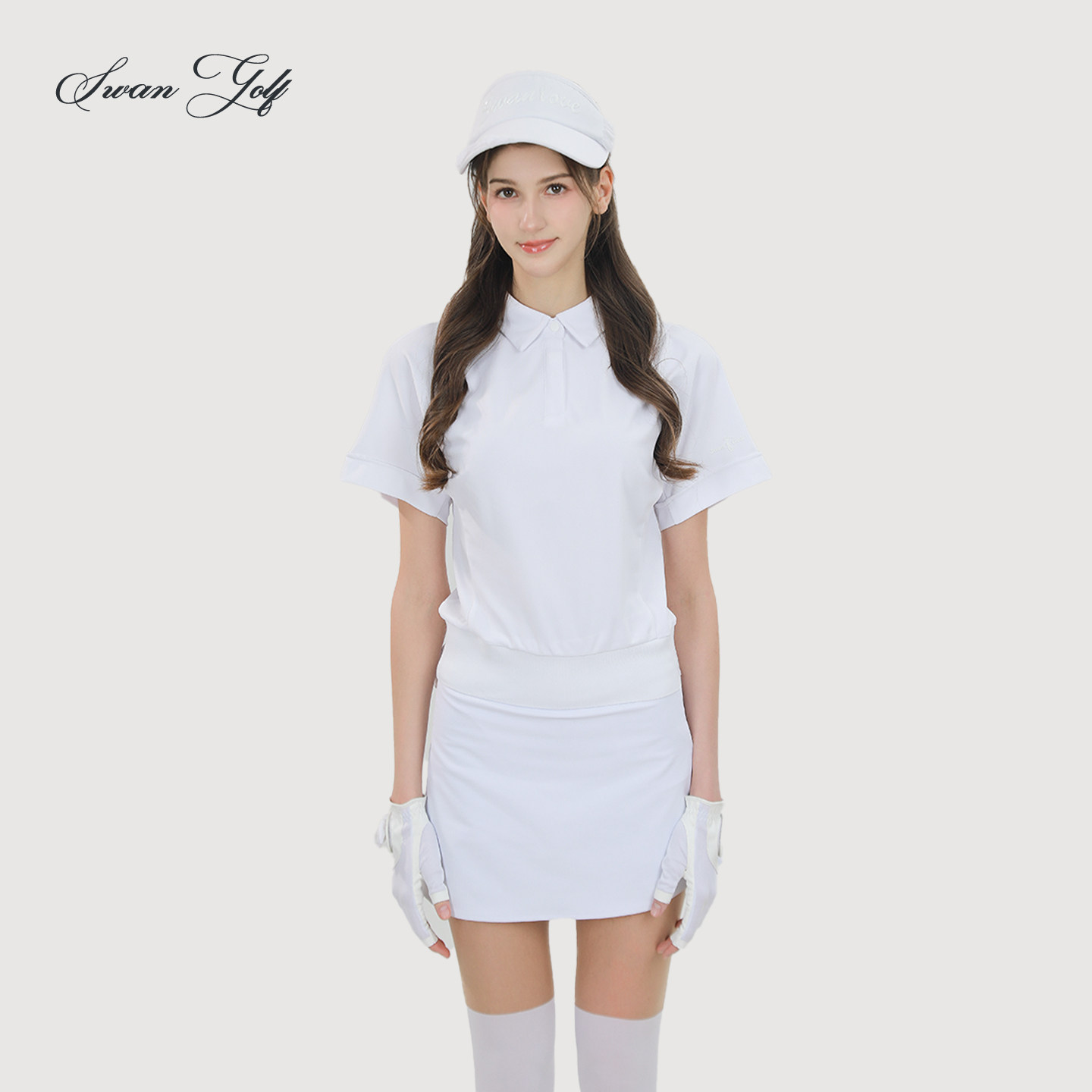 高尔夫女装白色短袖T恤短款收腰显瘦运动休闲短袖百褶裙套装女