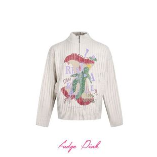 New美式 25冬季 复古趣味图案简约百搭宽松套头毛衣 Pink Fudge