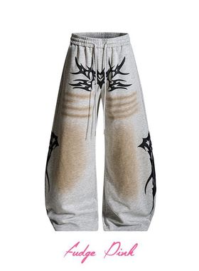 Fudge Pink 25冬季New美式复古辣妹个性图案脏染宽松弯刀休闲长裤