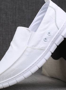 透气平底布鞋男款老北京白色冰丝帆布鞋一脚蹬懒人鞋夏季开车男鞋