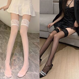 长筒薄荷漫波花边过膝丝袜性感透明加长胖mm黑丝大腿袜 包邮