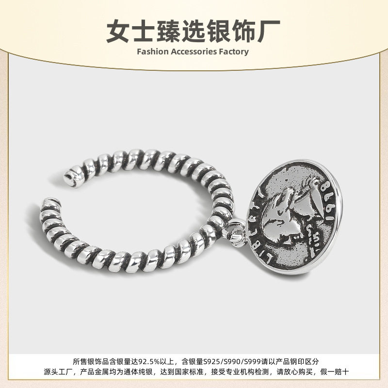 S925纯银跨境热销复古泰银螺纹染黑做旧戒指女式高级感欧美风指环
