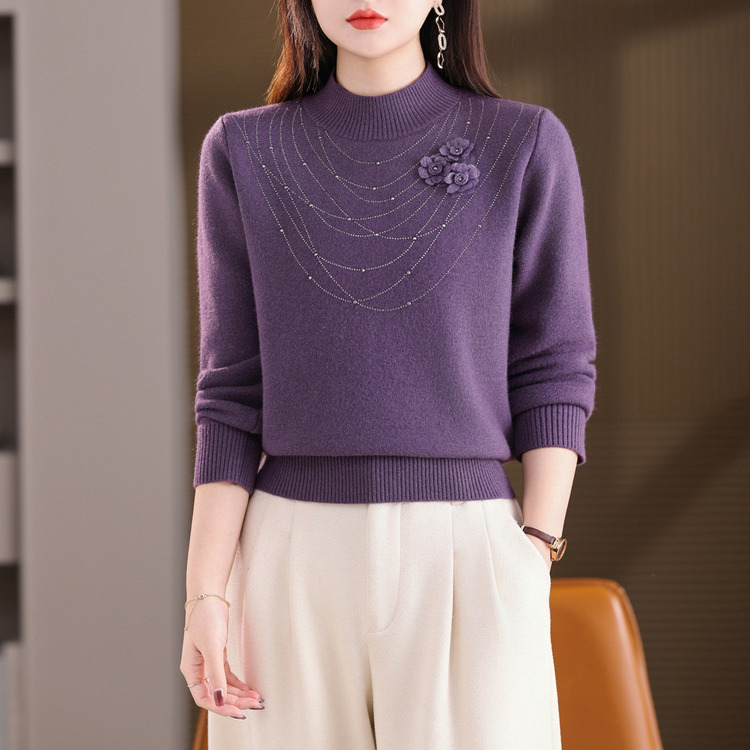 100%羊毛红色半高领羊绒衫