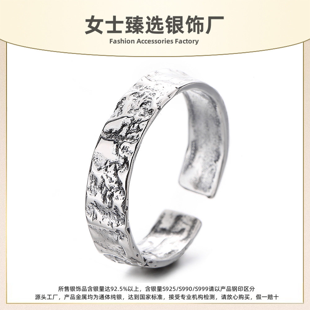 S925纯银跨境热销复古泰银不规则染黑做旧戒指女高级感欧美风指环