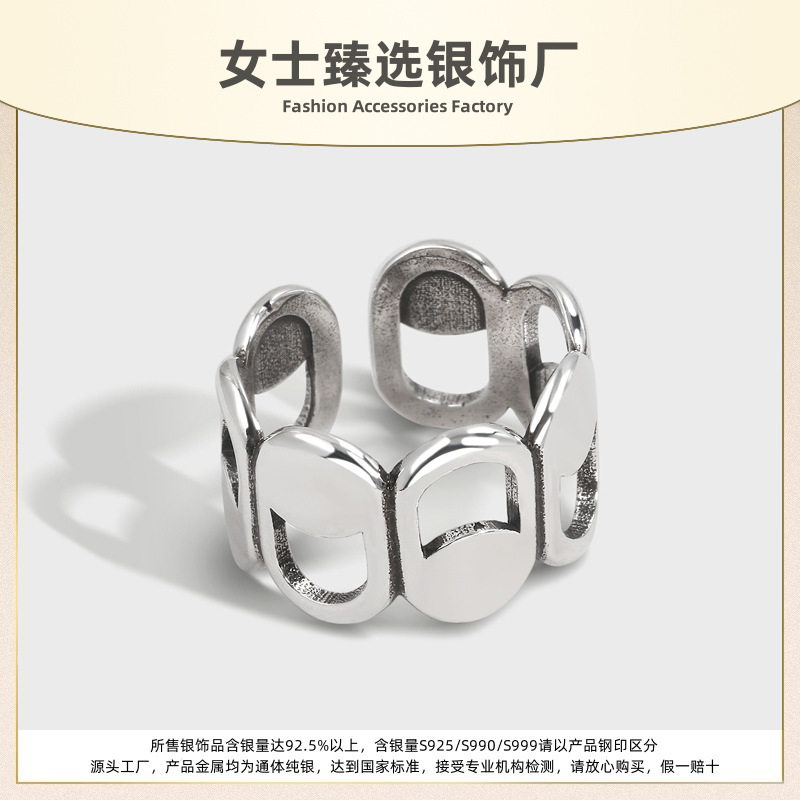S925纯银跨境热销复古泰银镂空染黑做旧戒指女式高级感欧美风指环