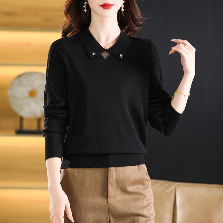 100%羊毛翻领镶钻羊毛衫女士