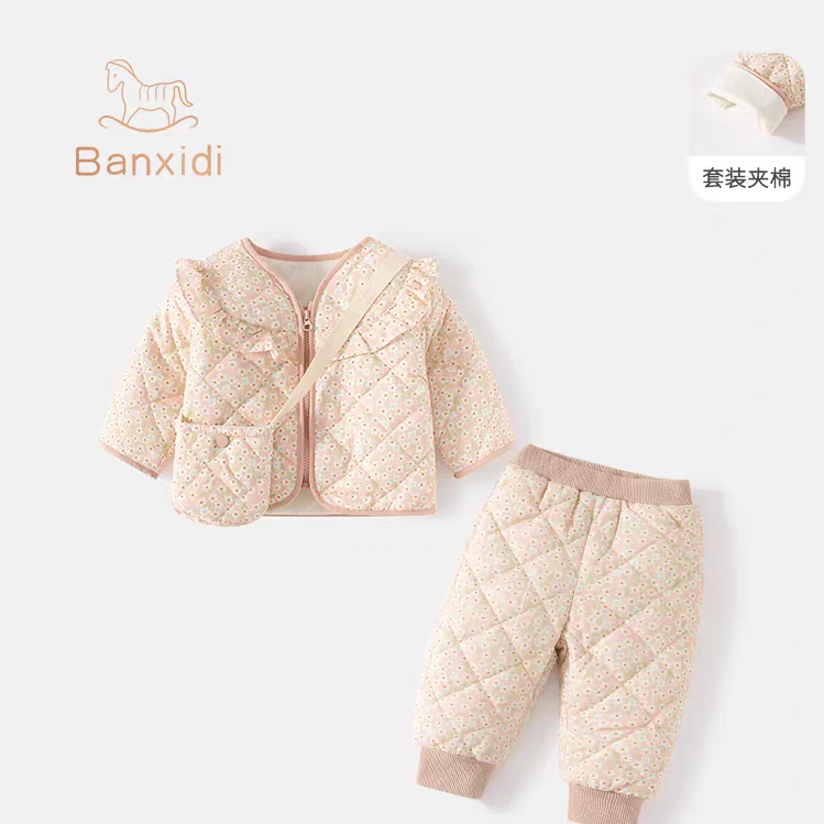 婴儿加厚棉服套装秋冬装夹棉加厚保暖女宝宝衣服冬季外出两件套