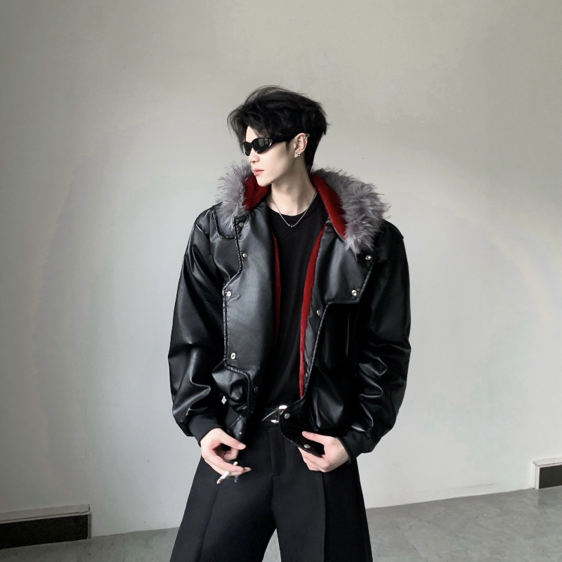 皓掌柜轻奢黑武士风格座山雕外套男高级感暗黑红内连帽皮夹克上衣